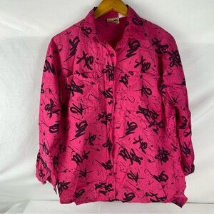 VTG Pelican Cove Pink 80s Retro Abstract Graffiti Print Button Up Shirt blouse